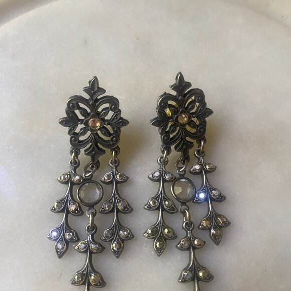 925 Sterling silver VTG Chandelier Marcasite pierced crystal dangle earrings - Picture 3 of 7